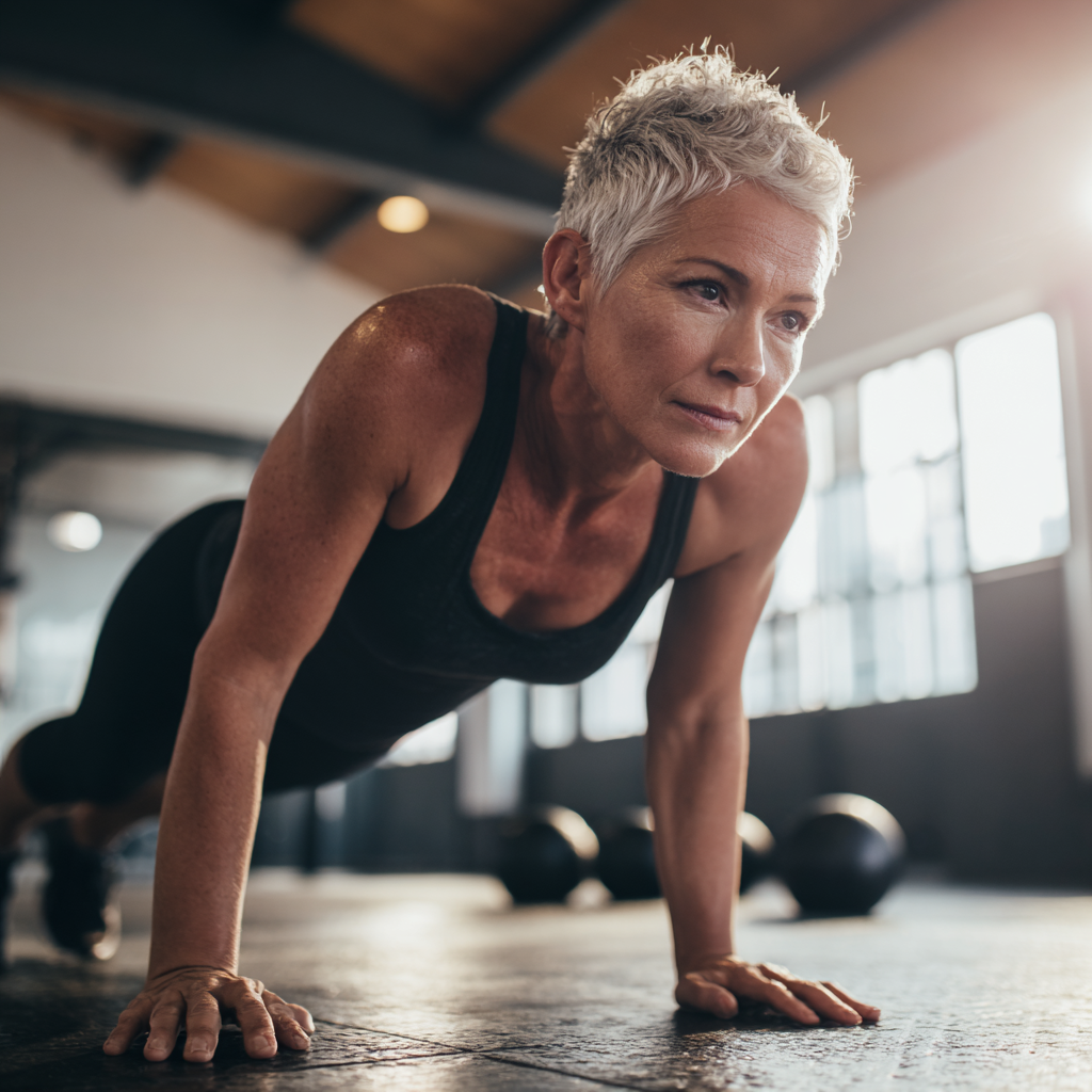 Mature woman performing functional fitness exercises in bright gym space
