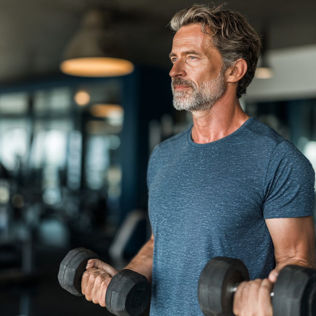 Middle-aged man exercising with dumbbells in modern gym setting